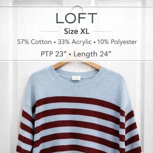 LOFT Sweaters - LOFT light blue and burgundy/dark red striped pullover sweater Large  NWT
